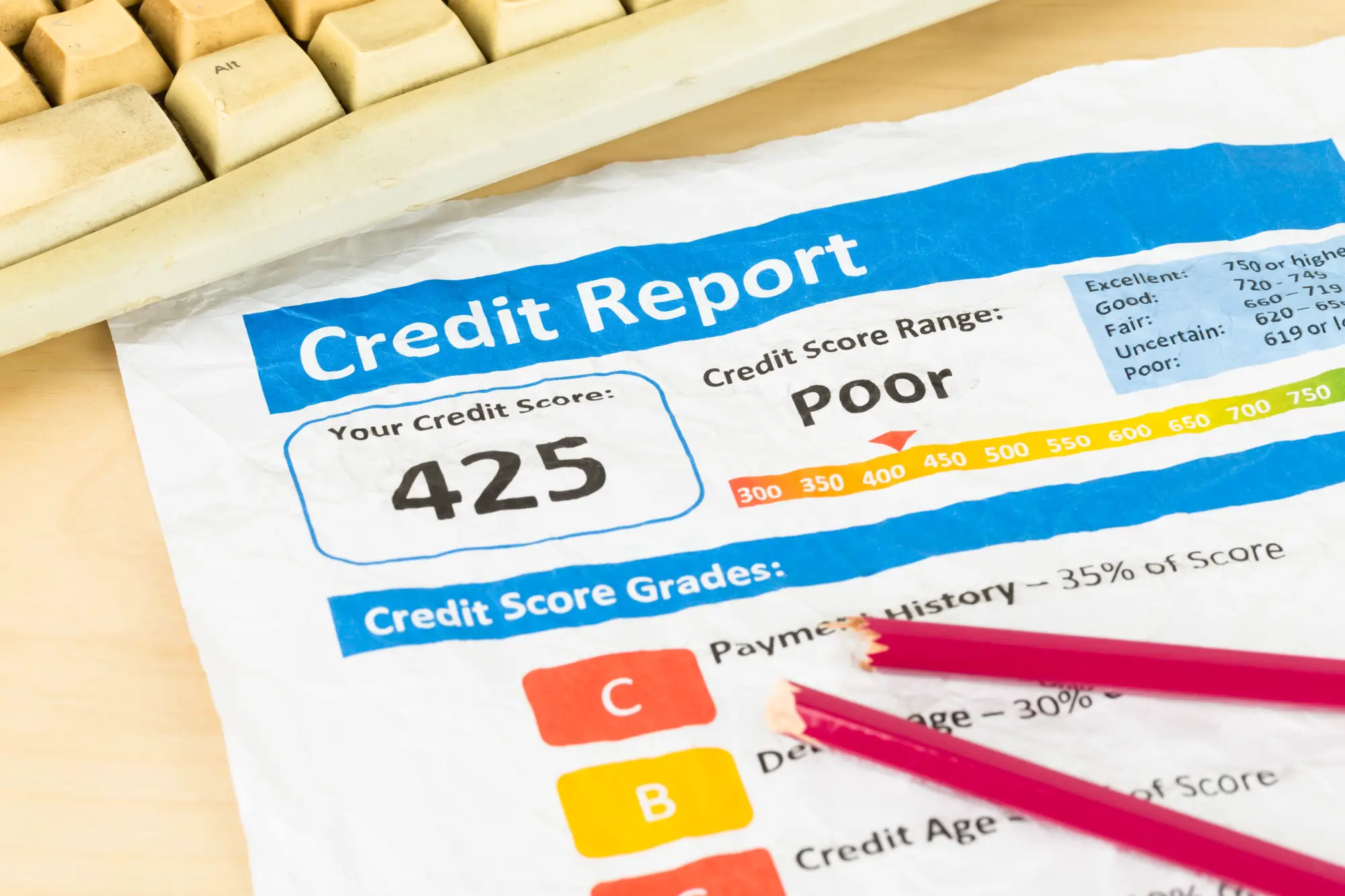 Poor credit score report on wrinkled paper with pen and keyboard